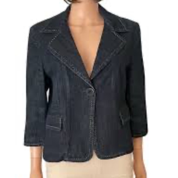 Talbots navy dark wash fully lined fitted denim single closure jacket 3/4 sleeve - Picture 2 of 13